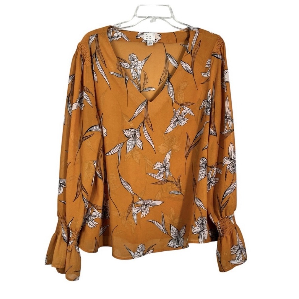 A New Day Golden Yellow Floral Ruffle Sleeve Chiffon Lightweight Blouse XXL